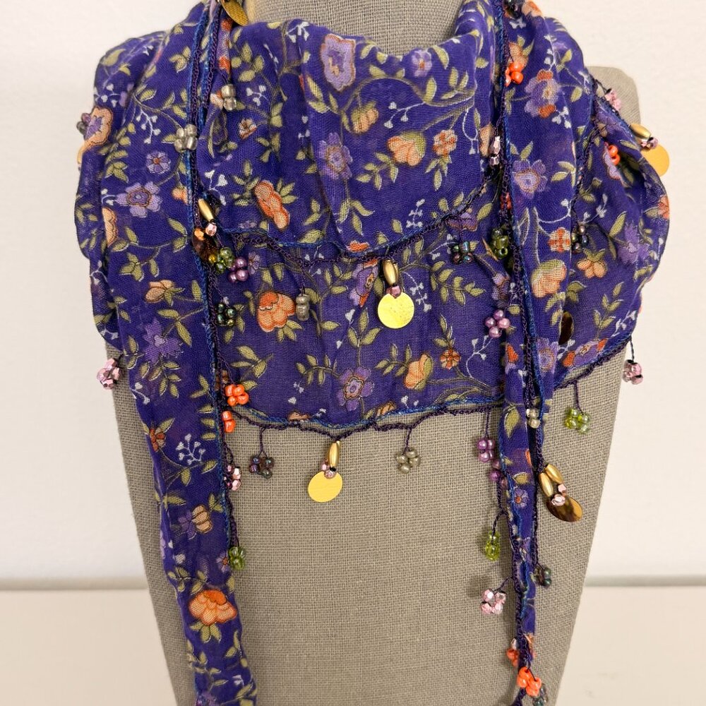 Traditional Turkish Oya Neck Violet  Scarf Bead & Needle Lace on Lawn Cotton - Picture 2 of 16